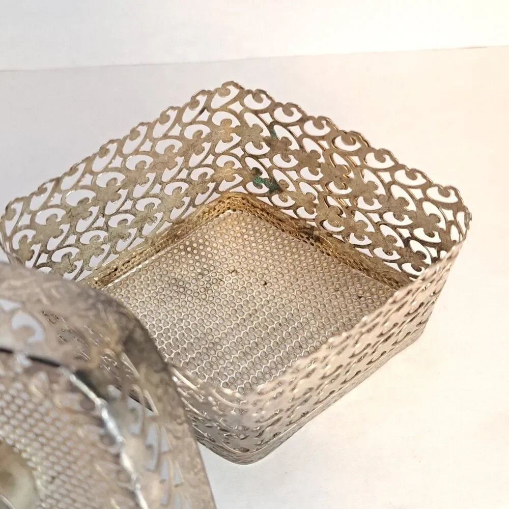 Vintage Metal Box Container Filigree Trinket with Lid and Rose on Top